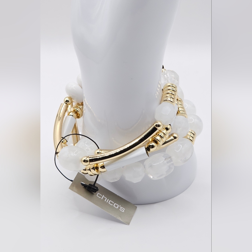CHICO'S Vela Stretch White And Gold-toned Beaded Bracelet Set‎